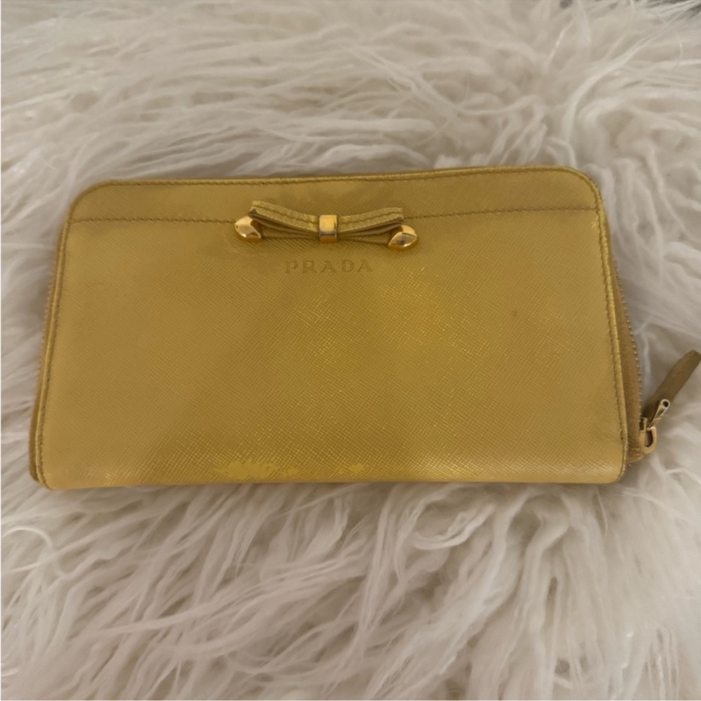 Prada Yellow Saffiano Leather Zip-Around Wallet with Bow Accent